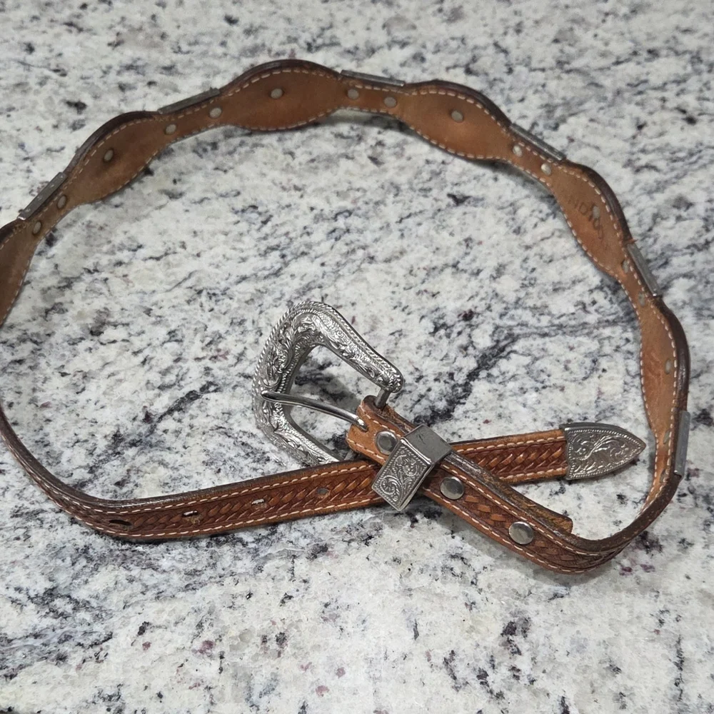 Western Leather Belt Hand Tooled Silver Buckle Conchos Made in USA 32" Unisex - Picture 2 of 8